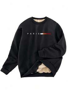 Men's Fashionable Casual Round Neck Warm Lining Sports Fitness Long Sleeve Top, Paris Letter Graphic Print Pullover Fleece Sweatshirt, Autumn/Winter Series, Suitable For Travel And Daily Wear