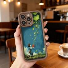 Cubierta de teléfono con borde negro diseño ilustración niña regando planta cielo azul y hojas verdes para uso diario en cafeterías y espacios urbanos Aplicable a los teléfonos de la serie Apple y Galaxy - Negro - Ver 4
