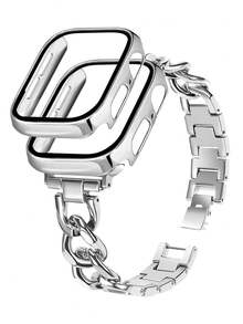 兼容 表带和 保护壳，银色空心链式手链金属表带和银色手表保护壳，带屏幕保护膜，防尘、防震、防刮保护套，适用于 Ultra 3/2/1 SE/S10/S9/S8/S7/S6/S5/S4/S3/S2/S1，金色，送给男朋友的礼物，时尚，优雅的女士表带 38mm/40mm/41mm/42mm/44mm/45mm/46mm/49mm，全球新畅销书，男女皆宜