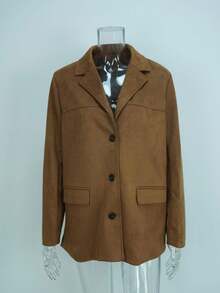 2025 بليزر نسائي أوروبي وأمريكي عتيق بأكمام طويلة فضفاض بجيوب باللون البني، بجيب وسحاب باللون الأحادي للارتداء في المكتب - كاكي - مشاهدة 3