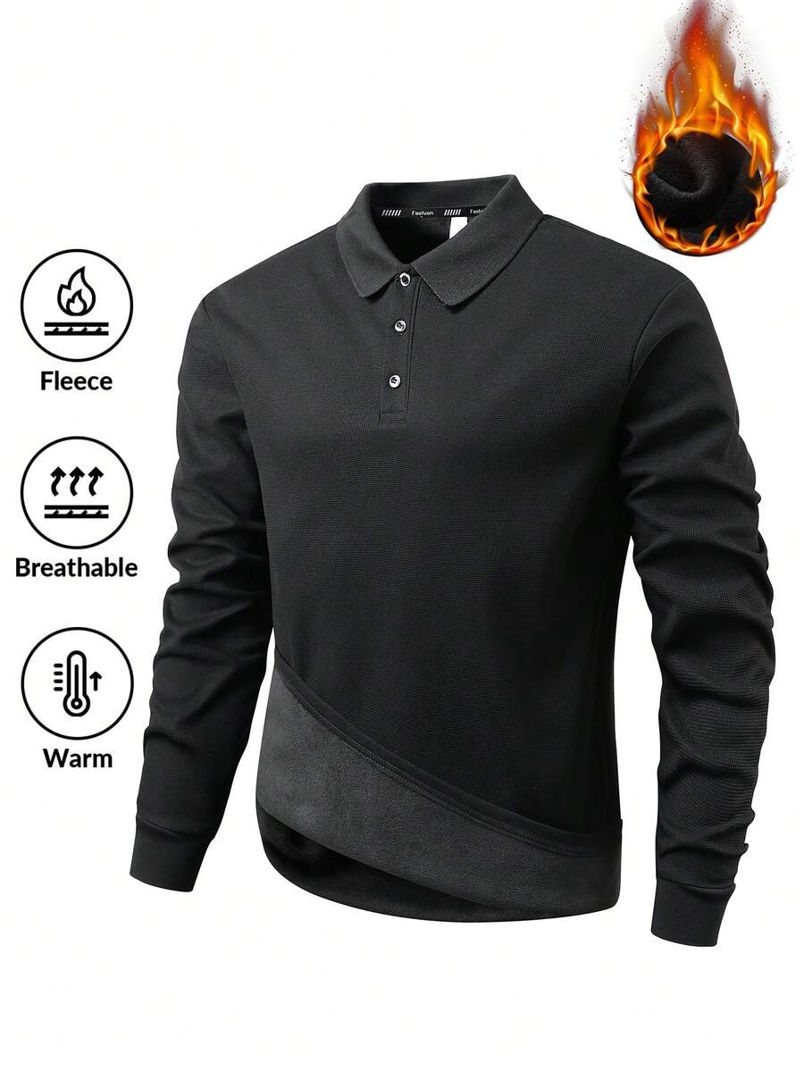 ملابس علوية بولو شتوي دافئ من الفرو للرجال، كارديجان أزرار نصفي كاجوال، تي شيرت محبوك بلون سادة بسيط، مناسب للرياضة الخارجية والارتداء اليومي في فصل الشتاء. - الأسود - مشاهدة 1