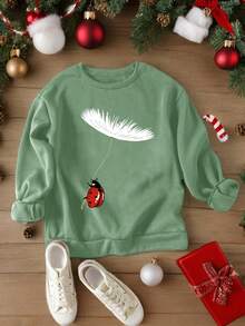 女士秋冬蒲公英瓢虫印花圆领休闲日常运动上衣；饰有蓬松的蒲公英印花和茎上的可爱瓢虫印花；一款趣味十足的瓢虫印花秋冬上衣。 - 薄荷綠 - 查看 4