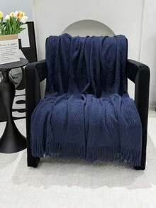 1pc Wavy Pattern Blanket, Nordic Style Acrylic Rectangle Tassel Solid Color Sofa Cover Blanket, Bedding Decor Throw Rug, Nap Blanket, Knitted Blanket - Vertical Stripes With Three Bends, Dark Blue - View 5