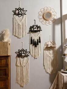 1 tấm treo tường Macrame Boho, kệ treo tường trang trí hình hoa sen, tranh treo tường tua rua Bohemian, kệ trưng bày pha lê, đồ trang trí nhà Boho Chic cho phòng khách, phòng ngủ, đồ trang trí tâm linh, đồ trang trí Macrame thủ công có tua rua - Nhiều màu - Xem 2