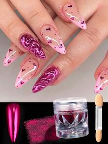 1盒粉色美甲魔镜粉霓虹颜料粉亮粉色美甲饰品，含海绵棒装饰，DIY新年美甲用品 - 玫紅色 - 查看 1