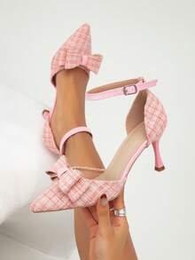 Women's Pink High Heels With Bow, Solid Color, Elegant, Sexy, Suitable For Business, Commute, Party, Fashion, Pointed Toe, Stiletto Heel, Closed Toe Pumps, Suitable For All Seasons - Pink - View 3