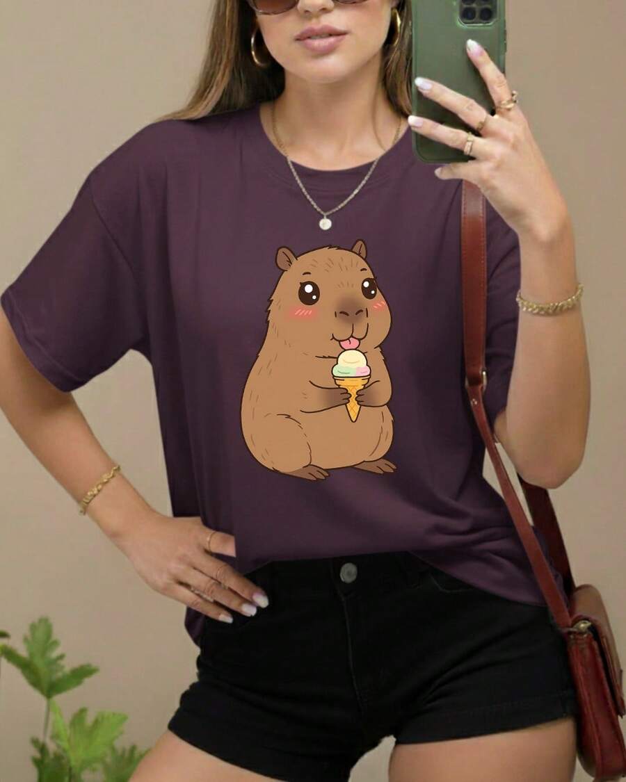 Women's T-Shirt 100% Cotton Cute Capybara Print Eating Ice Cream Short Sleeve Crew Neck T-Shirt Cute Casual Comfortable And Stylish Purple - 紫色 - 查看 1