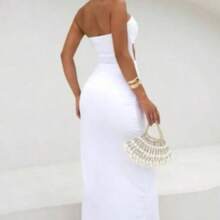 Vestido transpassado midy tecido suplex para ano novo modelo tomara que caia abertura dupla moda verão ano novo - Branco - Visão 4