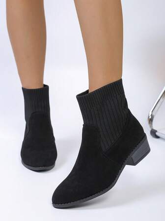 Women's Fashion French Chelsea Maillard Chunky Heel Pointed Toe Elastic Slim Fit Ankle Boots, Spring/Autumn