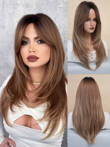 7JHH WIGS 优雅的24英寸暖棕色渐变假发，女士款 - 时尚简约长款层次假发，带刘海，深色发根，耐热全机织合成纤维假发，适合日常佩戴、派对、情人节礼物，假发配件 - 鏽棕色 - 查看 3