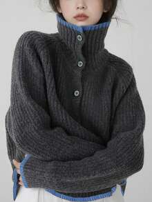 Alicedudu 女士休闲复古风格撞色饰边针织开衫，秋冬