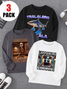 3pcs Boys Casual Cartoon Print Crew Neck Long Sleeve T-Shirts, Autumn Student Youth Clothing - Eye-Catching Long Sleeve Tops Will Definitely Make Kids Smile