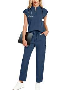 2Pcs Set: Solid Color V-Neck Top And Pants Nursing Uniform Scrub Set - Deep Blue - View 2