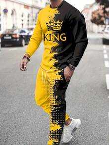 2pcs Men's KING & Crown Graphic Print Color Block Crew Neck Long Sleeve Tee & Drawstring Sweatpants Set, Casual  Street Style Outfits, Men's Clothing - 混合色 - 查看 8