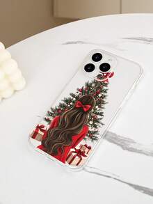 Funda de teléfono con diseño de chica frente al árbol de Navidad en estilo artístico, estampado navideño con vestido rojo, lazo en el cabello y árbol decorado con bolas y regalos, ambiente festivo y acogedor ideal para Navidad y celebraciones, estilo elegante y romántico, funda transparente, resistente a golpes, alta transparencia, compatible con iPhone17/16/15/14/13/12/11/Plus/Pro/ProMax, compatible con Galaxy A34/A35/A54/A55, Galaxy S20/S21/S22/S23/S24/S25 Ultra/Plus, compatible con Moto/Galaxy/Redmi/Honor/OPPO - transparente - Ver 8