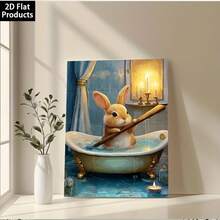 Pintura de arte abstracto plano 2D estilo inodoro, póster en lienzo con marco de madera, conejo bañándose en un elegante baño en una bañera vintage, incluye bolígrafo, adecuado para decoración de dormitorio, sala de estar, cocina, pasillo, baño, regalo de decoración del hogar, decoración navideña - transparente - Ver 11
