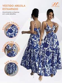 Women's Long Printed Dress With Side Cutouts And Front Ring, Elegant Look - Màu xanh lam - Xem 4