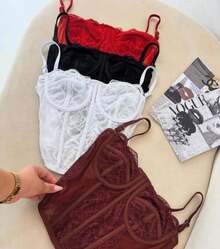 Cropped Corset With Lace And Tulle - Đỏ - Xem 2