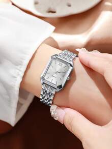 1pc Women's Casual Chic Square Dial Quartz Wrist Watch With Steel Band, Fashion Vibe (Watch Box Not Included)