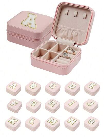1pc A-Z Letter Custom Jewelry Box, Mini Travel Jewelry Storage Box, Letter Zipper Jewelry Box, Multi-Functional Jewelry Storage Box, PU Leather Jewelry Box, Jewelry Organizer, Small Jewelry Box, Cosmetic Storage Box, Creative Portable Jewelry Box, Small Earring, Necklace, Stud Earring, Pendant, Ring Storage Box, Jewelry Stand