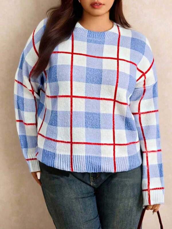 Plus-Size Fall Clothes For Women Women's Autumn And Winter Fashion Retro Plaid Loose Round-Neck Long-Sleeved Sweater, Suitable For Street Wear, Elegant ,Birthday Party Baby Blue