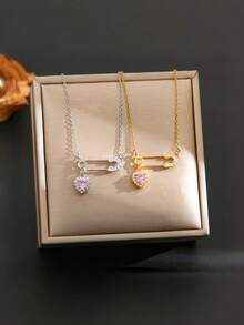 1 pieza Broche de cobre con circonita de lujo, colgante en forma de corazón, collar de acero de titanio con diseño único y carismático para influencers, collar para mujer, joyería de moda, regalo de cumpleaños, regalo para hermanas, adecuado para uso diario, fiesta de cumpleaños, banquete, baile en el campus, eventos de celebración, accesorio de temporada - Multicolor - Ver 3