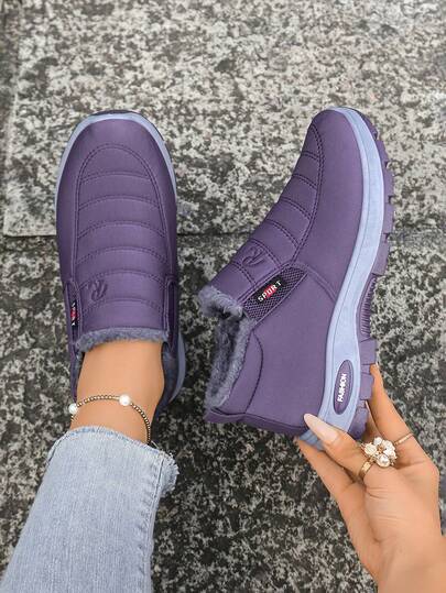 Women's Winter Casual Ankle Boots, Solid Color Fuzzy Thick Sole, Anti-Slip Warm Thermal Lined, Round Toe Flat Slip-On