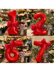 2pcs 32-Inch Red 0-9 Number Foil Balloons With Red Bow - Suitable For Birthday Party, Anniversary, Holidays And Outdoor Events - Great For Photo Decoration, Party Decor | Holiday Balloons | Durable Balloons, Balloon Decoration - Multicolor - View 4
