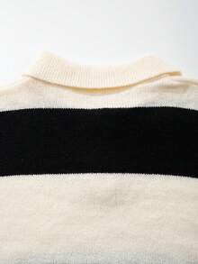 Autumn/Winter Korean Style Casual Striped Contrast Color Polo Collar Lightweight Slim Fit Pullover Knit Top - Beige - View 5