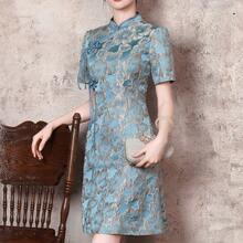 2026 Summer New Chinese Style Cheongsam Dress For Women - Retro Style, Short Sleeve, 3D Oil Painting Cheongsam, Slimming Waist, Asian Size, Tassel Buttons, Chinese Stand Collar, Back Zipper. A Perfect Gift, A Fashionable And Stylish Dress For Women, Suitable For Everyday Wear, Casual Occasions, Social Events, Vacations, And Holidays. - 藍色 - 查看 12