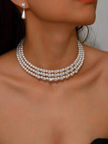 3pcs/Set Women's Elegant Luxury Rhinestone & Faux Pearl Multi-Layer Necklace & Earrings Jewelry Set, Suitable For Party Wear - Multicolor - View 1