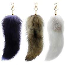 3 Pack Fox Therian Tail Keychain, Atiofber 1575in Furry Faux Fur Tail Raccoon Tails Wolf Bag Charm Halloween CosplayChristmas - Blue White and Grey - 查看 7