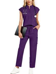 2pcs All-Over Print Notched Collar Top And Pants Pajama Set Scrub Set - Violet Purple - View 2