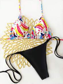 2026 New Colorblock Bikini Swimsuit, Sexy Strap Separates Set, Women's Floral Print Bohemian Backless Tie Swimwear For Beach Vacation - Black - View 4