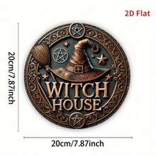 [2D Flat] 1pc Vintage Witch House 2D Flat Metal Sign, 19.99x19.99 Cm - Round Iron Wall Decor With Golden Stars, Witches Hat & Broomstick Design, Perfect For Home, Room, Garage, Garden, Bar, Man Cave, Halloween & Holiday Decor, Halloween Decor | Witchcraft Theme | Durable Metal Sign, Halloween Decorations - Nhiều màu - Xem 6
