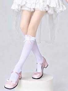 1 par de calcetines versátiles de becerro con volantes de encaje dulce y estilo preppy para mujer