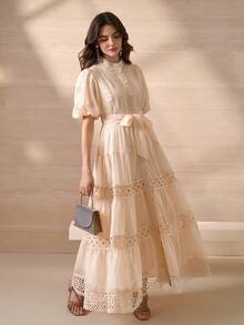 Elegant Bohemian Vintage A-Line Dress, Stand Collar Short Puff Sleeves, Layered Skirt Detail Design - Apricot - View 5