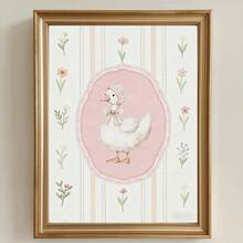 1幅可爱小鸭墙画，复古农舍风格，粉色花卉印花帆布画，迷人动物海报，甜美别致的装饰画，适合婴儿房、儿童房或厨房，送给她的礼物，可选无框或有框。 - 彩色 - 查看 1