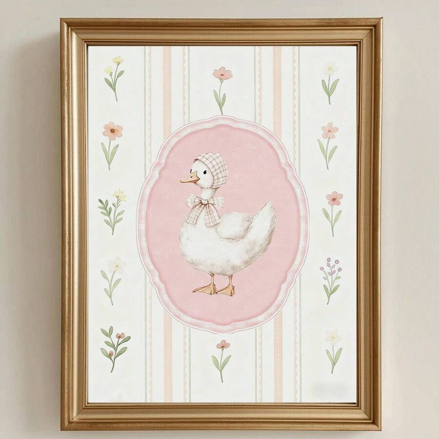 1幅可爱小鸭墙画，复古农舍风格，粉色花卉印花帆布画，迷人动物海报，甜美别致的装饰画，适合婴儿房、儿童房或厨房，送给她的礼物，可选无框或有框。 - 彩色 - 查看 1