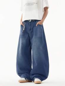 1件 Justice Brother 复古水洗宽松阔腿牛仔裤，休闲百搭情侣款（破洞裤脚） - 藏蓝色 - 查看 2