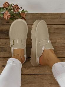 秋冬季增高半斜纹外套休闲时尚百搭毛绒女式坡跟厚底鞋、毛绒鞋、穆勒鞋 - 卡其色 - 查看 4