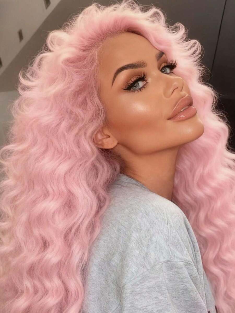 Light Pink 250 Density Put On And Go Glueless Wigs 13X4 HD Lace Frontal Wig Human Hair Deep Wave Virgin Human Hair Pre Plucked With Baby Hair Baby Pink Colored HD Transparent Curly Lace Frontal Wig For Women Natural Hairline - Hồng - Xem 1