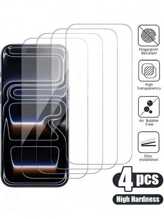 4pcs Tempered Glass Screen Protector, High Definition, Transparent, Waterproof, Scratch-Resistant, Compatible With Apple 7/8/X/XS/11/12/13/14/15 Pro Max/16 Pro Max/16 Plus/17 Shockproof Anti-Fall Anti-Fall Anti-Fingerprint Full Cover