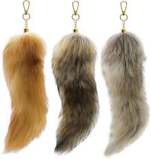 3 Pack Fox Therian Tail Keychain, Atiofber 1575in Furry Faux Fur Tail Raccoon Tails Wolf Bag Charm Halloween CosplayChristmas - 金灰色和黑色 - 查看 1