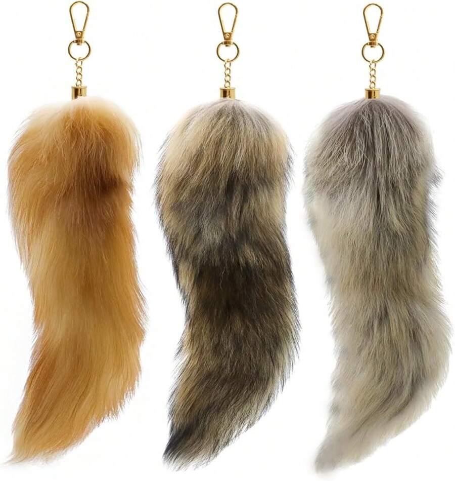 3 Pack Fox Therian Tail Keychain, Atiofber 1575in Furry Faux Fur Tail Raccoon Tails Wolf Bag Charm Halloween CosplayChristmas - 金灰色和黑色 - 查看 1