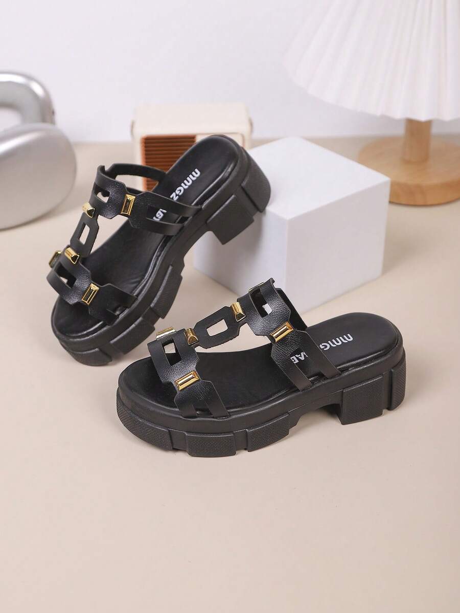 儿童时尚拖鞋，新款夏季加厚底镂空设计，时尚舒适厚底高跟拖鞋 - 黑色 - 查看 1