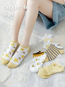 5 piezas Nuevos calcetines cortos de mujer estilo INS 2026, calcetines cortos versátiles con estampados de rayas, frutas, flores, abejas, ciervos, helados, calcetines cortos de unicolor a rayas, accesorios de moda cómodos y casuales - Multicolor - Ver 13