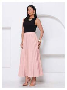 LXC Women's Pleated Skirt, Women's Vintage Midi Skirt, Elegant High-Waisted Long Skirt, Simple, Casual, Pleated, Office, Wedding - 淺粉色 - 查看 5