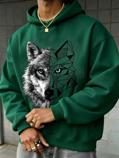 Teen Boy Casual Minimalist Wolf Head Printed Long Sleeve Conventional Thickness Hooded Loose Fit Sweatshirt, Suitable For Autumn/Winter,Hooded Sweatshirt,Suitable For Daily Wear, Party, School, Attending Music Festivals, Vacation, Commuting. Can Be Given As A Gift To Family, Boyfriend,Girlfriend, Friends,Girls Winter Clothes,Essentials Sweatshirt