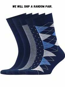 5 双男士高筒纯色水手袜，商务风格格子优质运动袜，欧洲尺码，高筒袜，黑色袜子，蓝色袜子，秋季